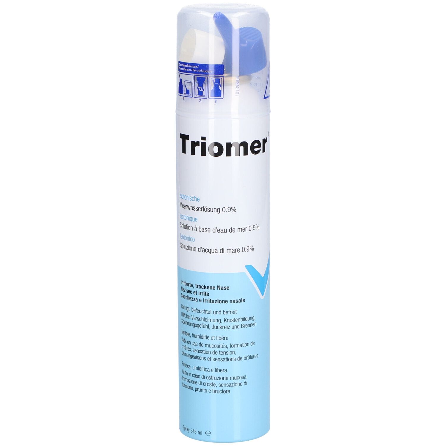 Nasenspray mit Triomer-Logo. Blaue und weiße Flasche mit Sprühkopf. Enthält Meerwasserlösung 0,9%.