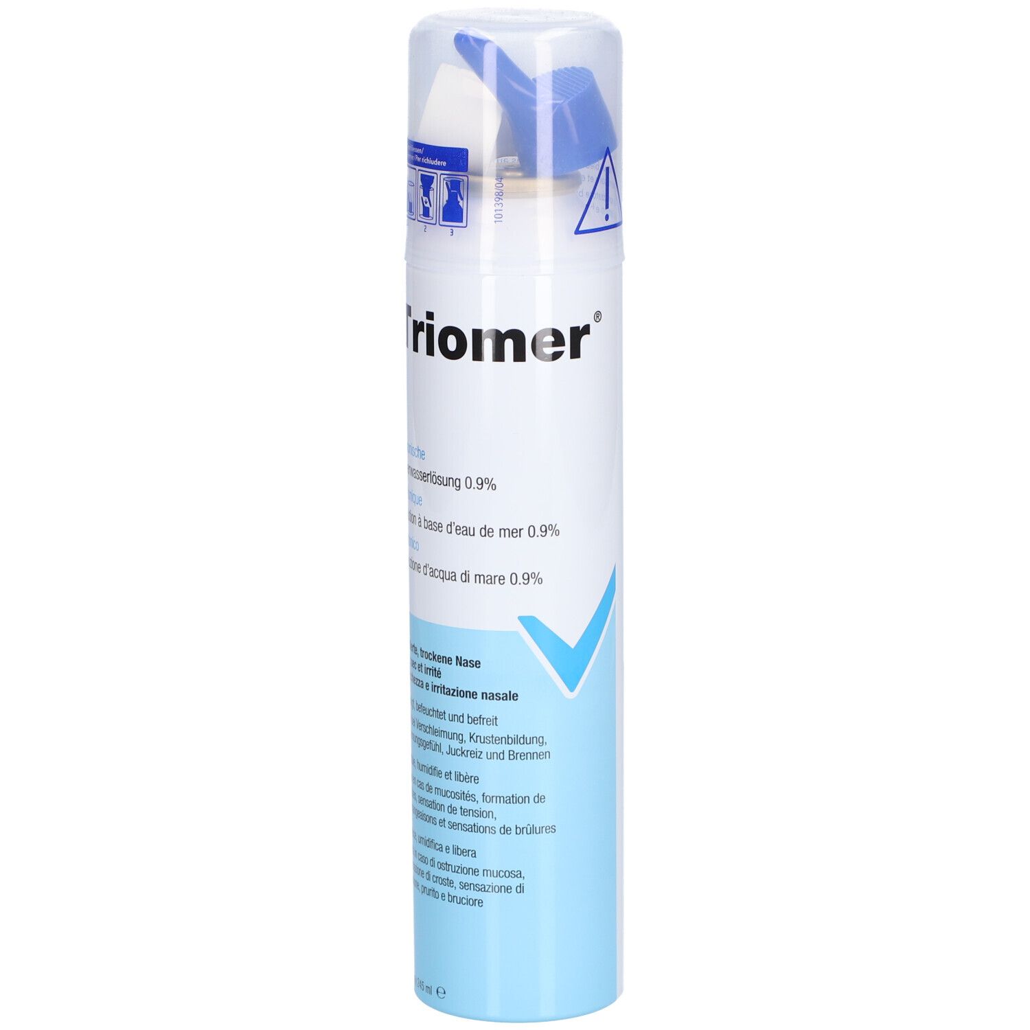Nasenspray mit Triomer-Logo. Blaue und weiße Flasche mit Sprühkopf. Enthält Meerwasserlösung 0,9%.