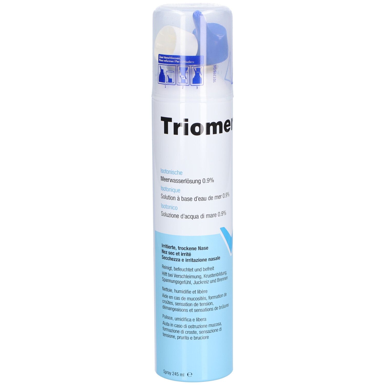 Nasenspray mit Triomer-Logo. Blaue und weiße Flasche mit Sprühkopf. Enthält Meerwasserlösung 0,9%.