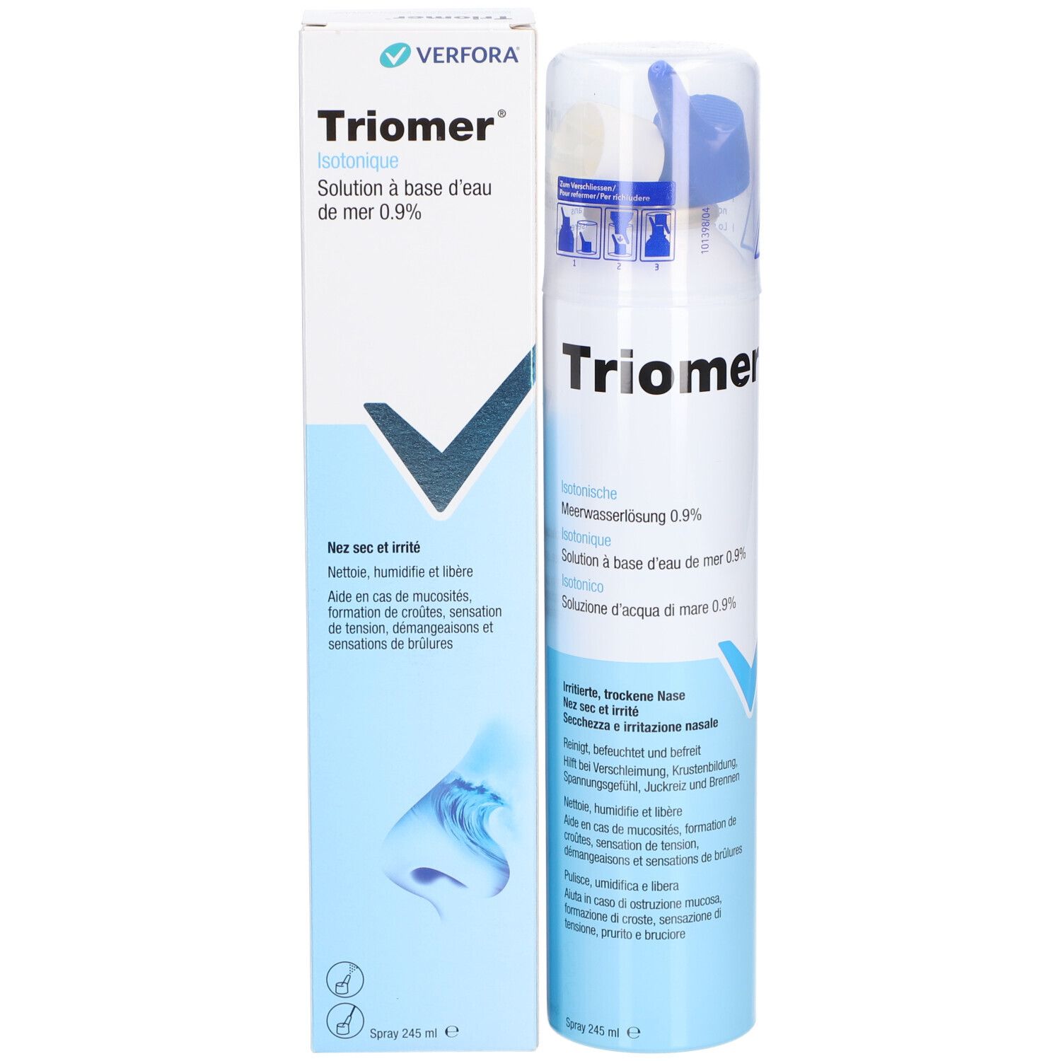 Verfora-Verpackung mit Nasenspray und Flasche. Enthält Triomer-Logo und Informationen zur Meerwasserlösung 0,9%.