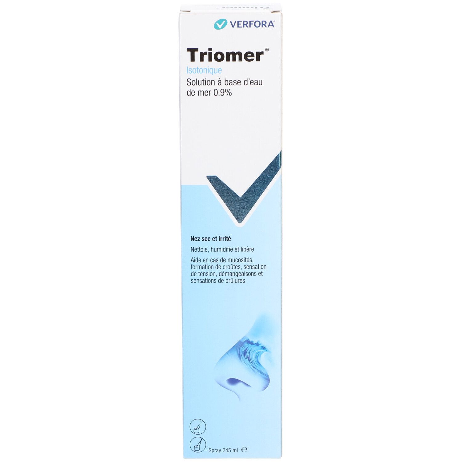 Verfora-Verpackung mit Triomer-Logo. Enthält Informationen zur Meerwasserlösung 0,9% und Anwendung.