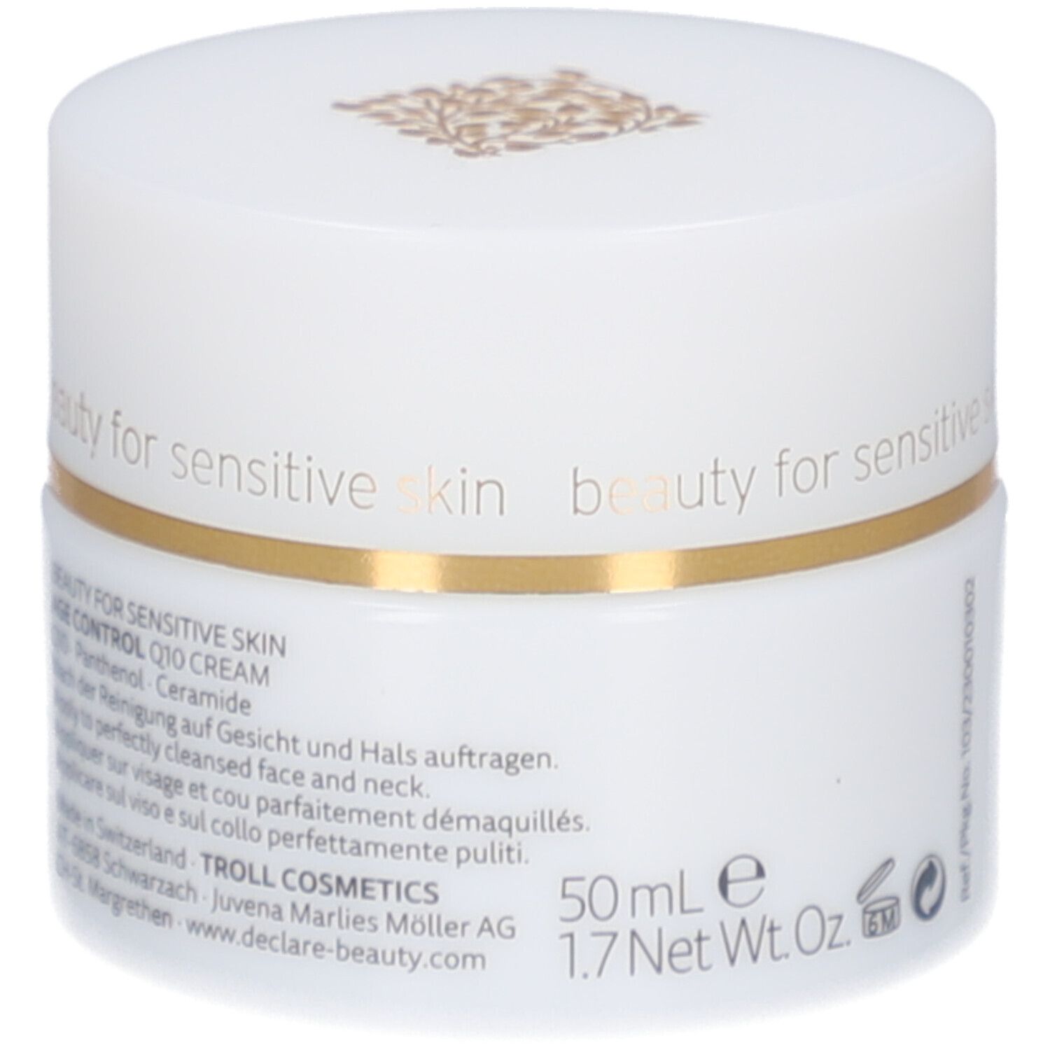 Weißes Creme-Glas mit goldfarbenem Deckelrand. Aufschrift: DECLARÉ, Q10 Creme. Text auf der Rückseite.