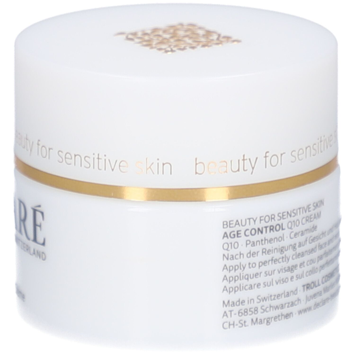 Weißes Creme-Glas mit goldfarbenem Deckelrand. Aufschrift: DECLARÉ, Q10 Creme. Text auf der Rückseite.