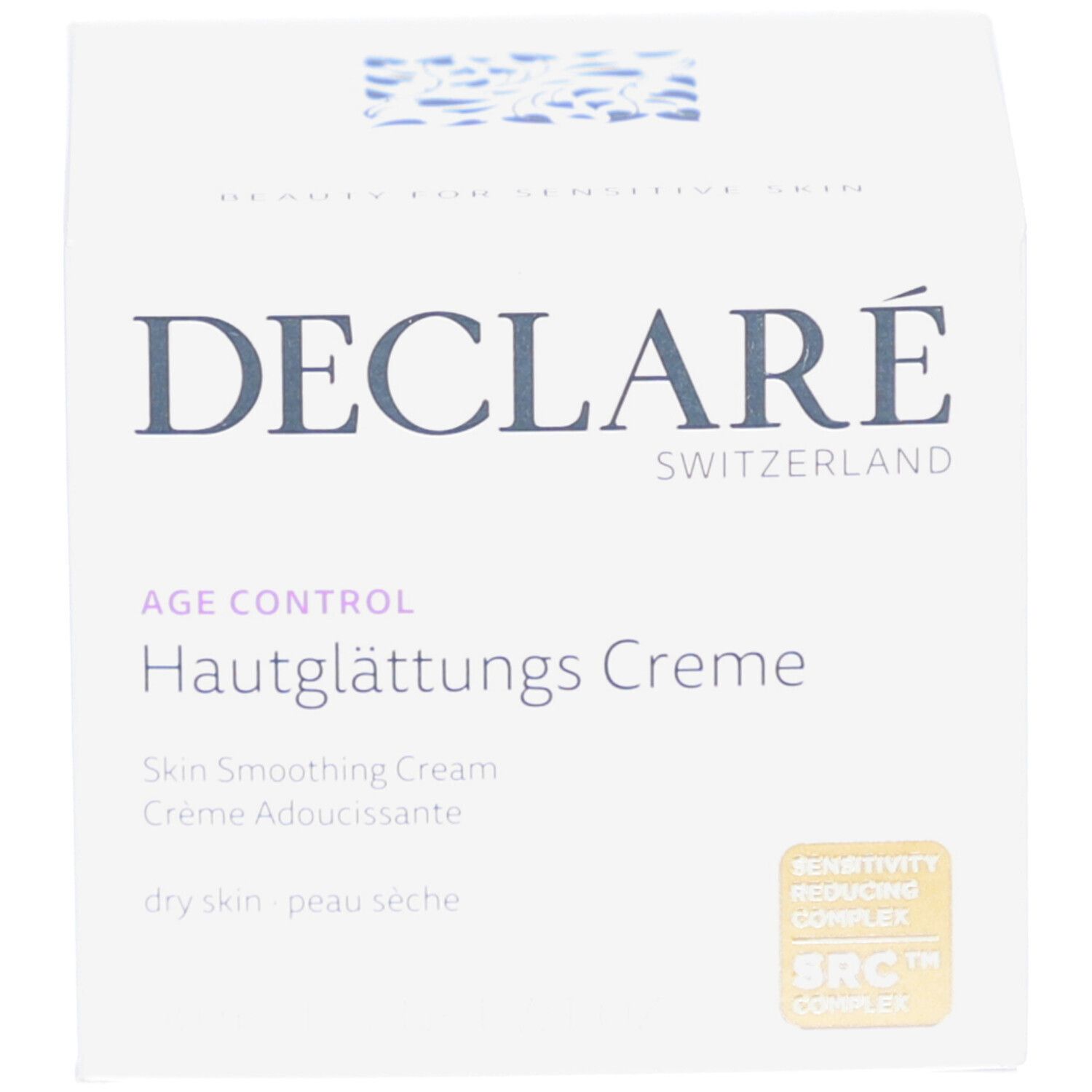 Weiße Produktverpackung. DECLARÉ-Logo und Produktbezeichnung. Aufschrift: Hautglättungs Creme. Aufkleber: SRC™ Complex.