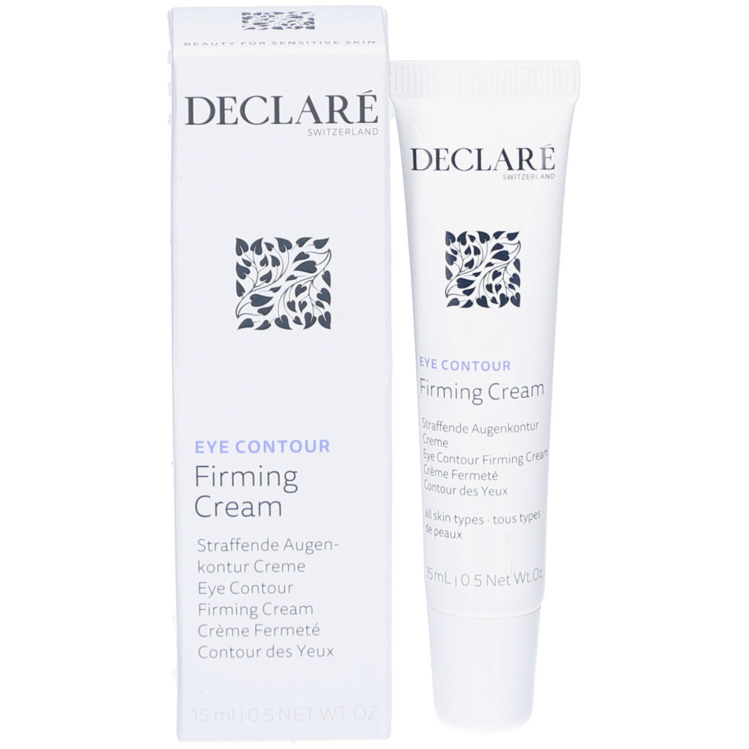 Produktverpackung und Tube. Verpackung: weiß, DECLARE-Logo, Eye Contour Firming Cream. Tube: weiß, 15ml.