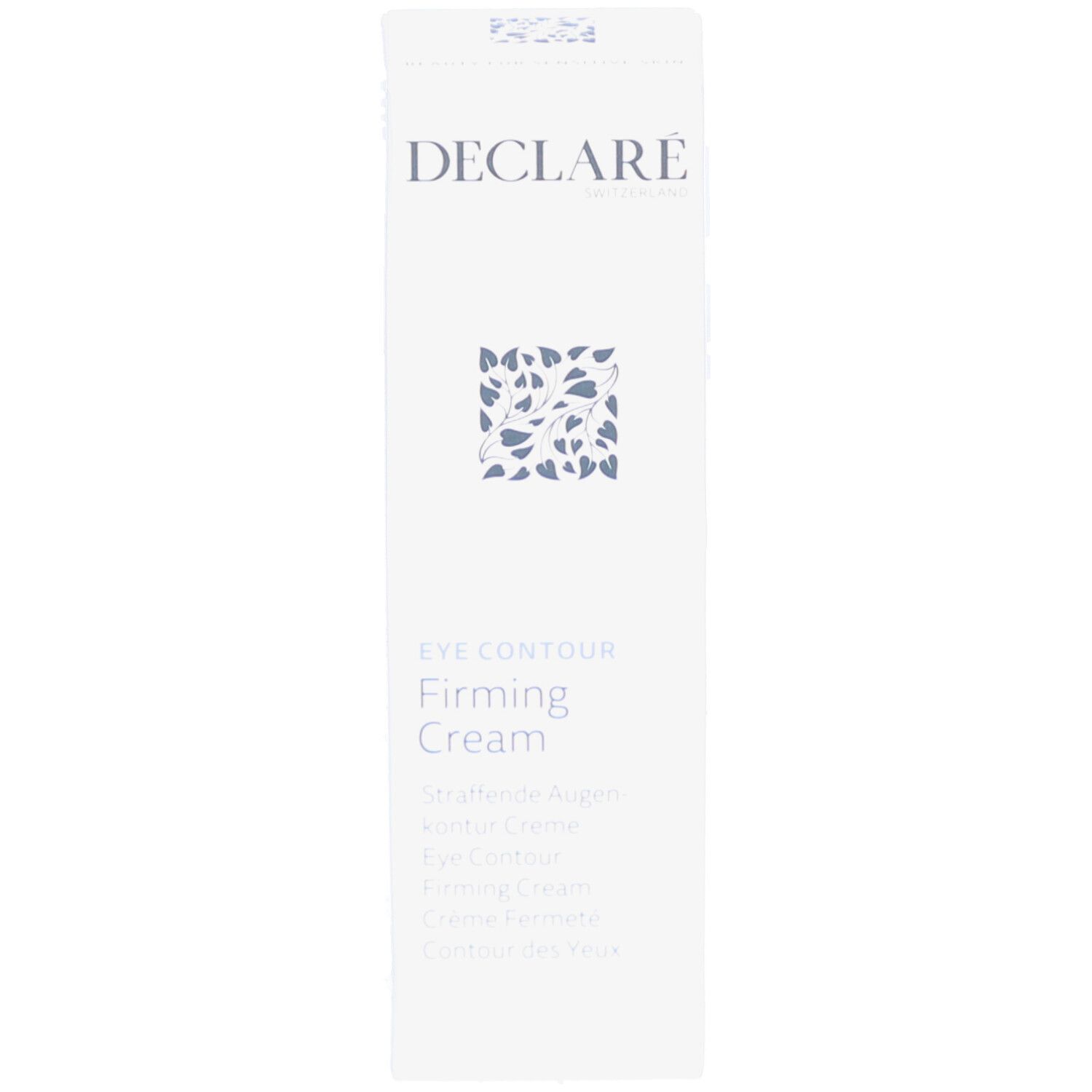 Weiße Produktverpackung. DECLARE-Logo, Eye Contour Firming Cream. Text in mehreren Sprachen.