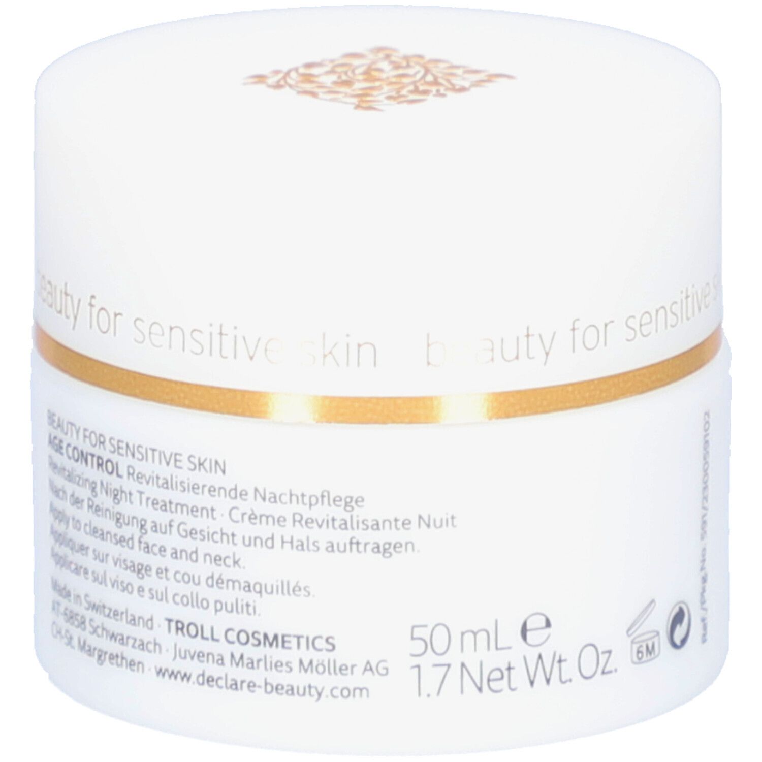 Weißer Tiegel mit Deckel. Goldener Zierstreifen. DECLARÉ-Logo. Text: '50 ml e', '1.7 Net Wt. Oz'.