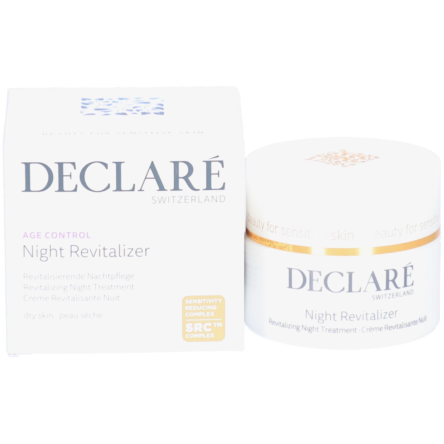 Produktverpackung: Tiegel und Schachtel. DECLARÉ-Logo. Text: 'Night Revitalizer', 'AGE CONTROL'.