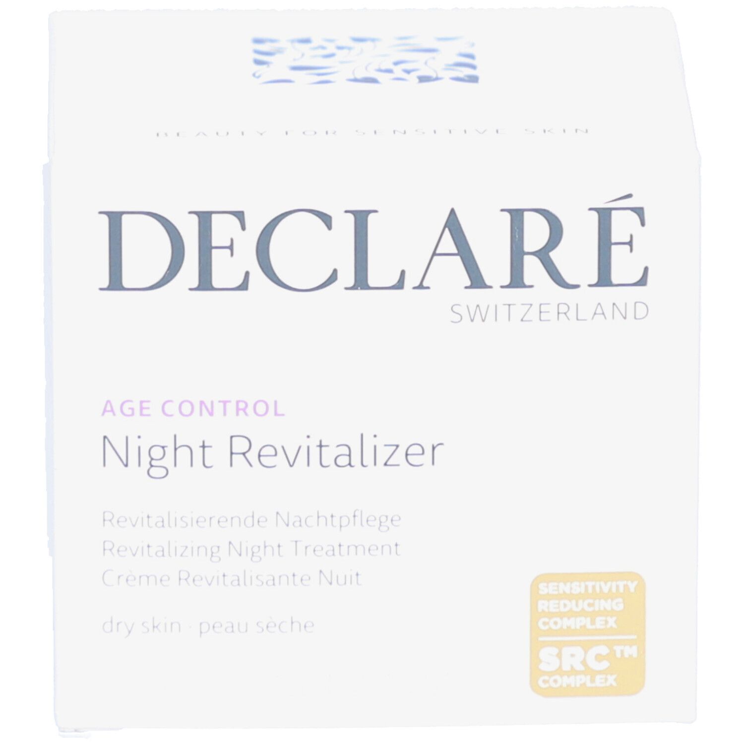 Produktverpackung: Schachtel. DECLARÉ-Logo. Text: 'Night Revitalizer', 'AGE CONTROL'. SRC™ COMPLEX.