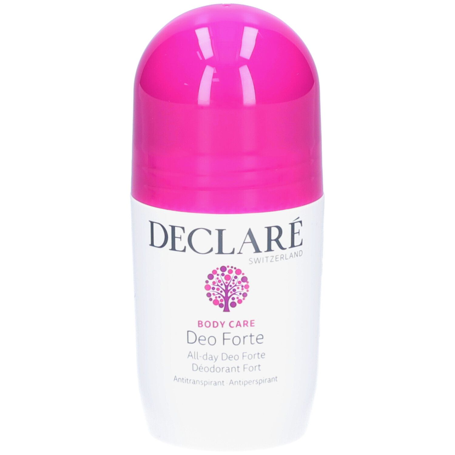 Weißer Roll-on-Deo mit pinkfarbenem Deckel. DECLARÉ-Logo und Produktbezeichnung Deo Forte.