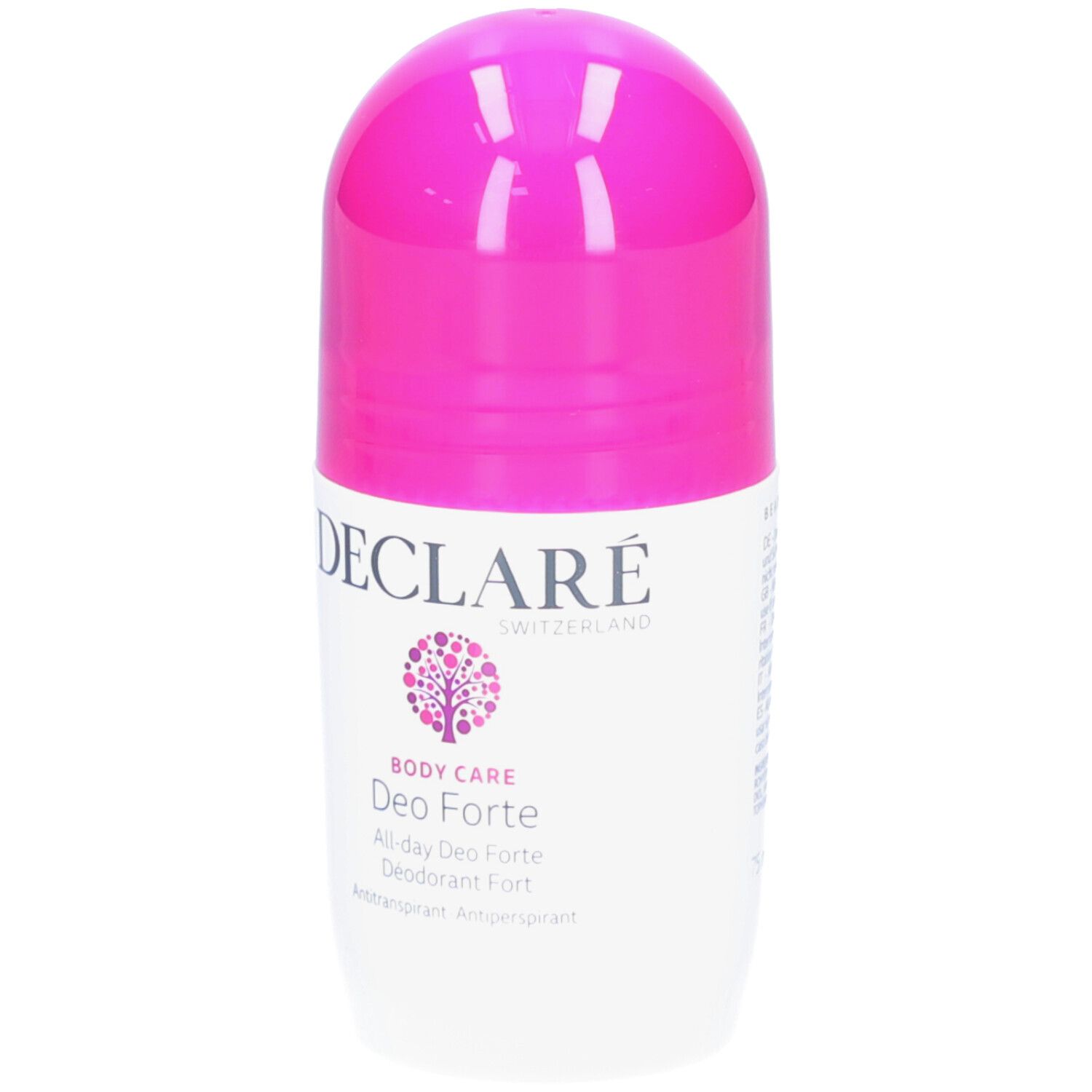 Weißer Roll-on-Deo mit pinkfarbenem Deckel. DECLARÉ-Logo und Produktbezeichnung Deo Forte.