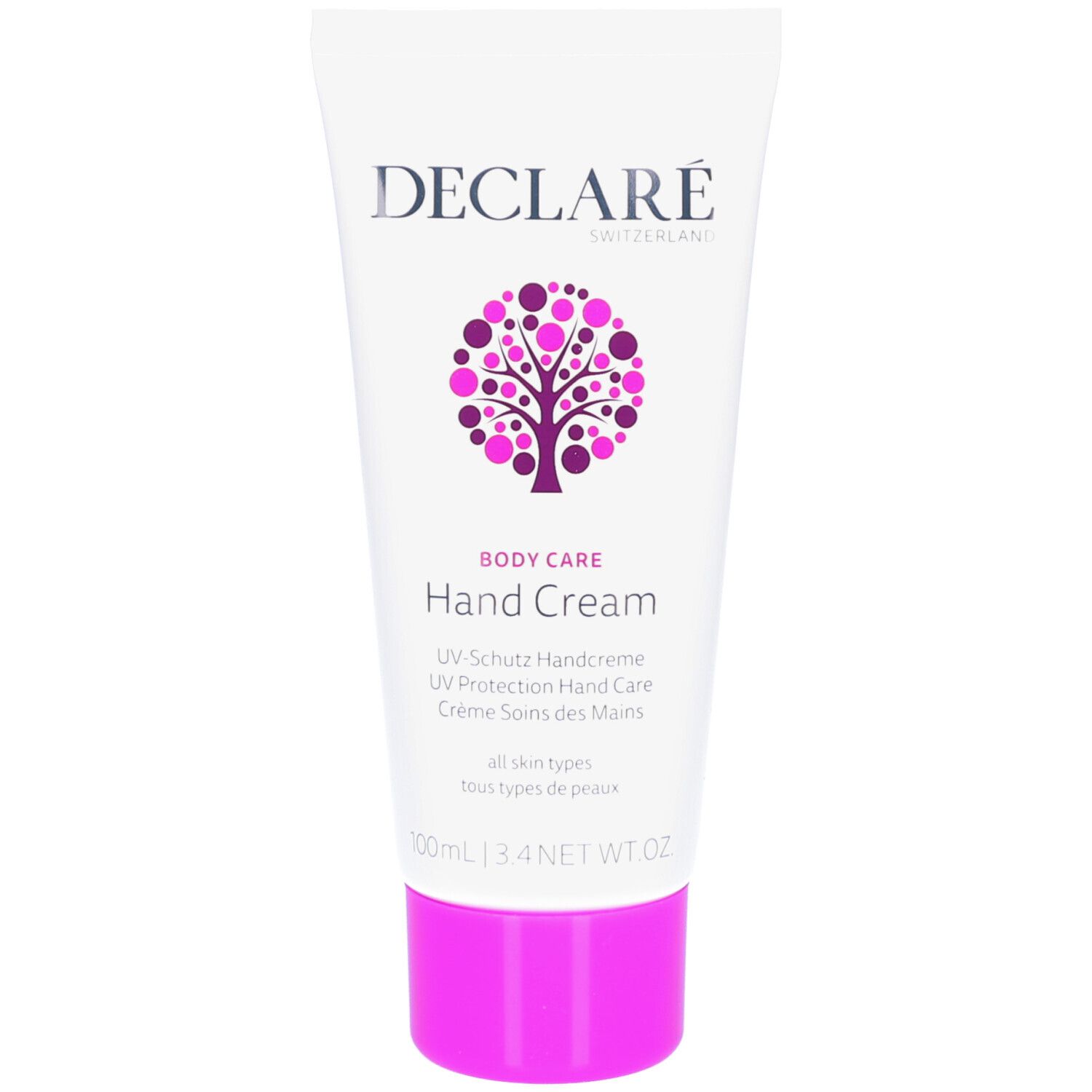 Weiße Tube mit rosa Verschluss. Aufschrift: DECLARÉ, Hand Cream, UV-Schutz Handcreme. Baum-Logo mit lila Punkten.