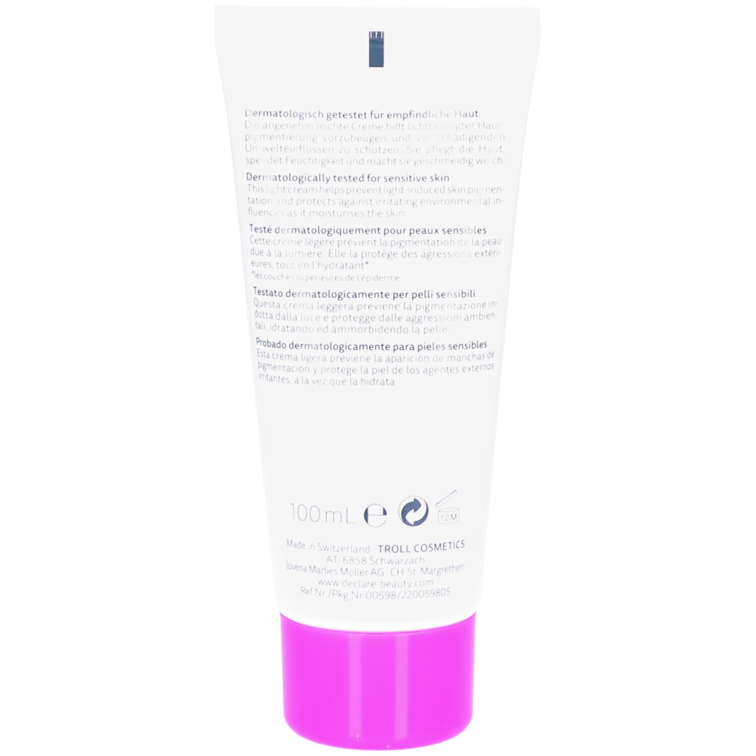 Rückseite der weißen Tube. Text in mehreren Sprachen. Unten: 100ml, Herstellerinformationen.