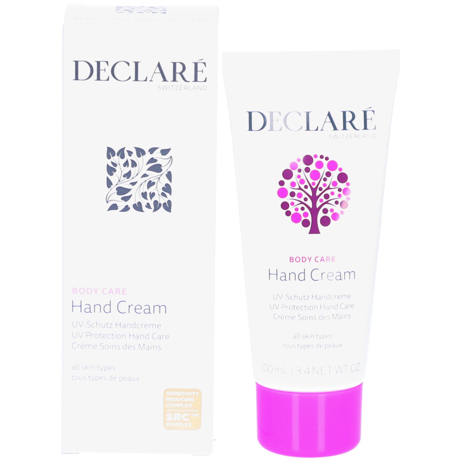 Produktverpackung: Tube und Schachtel. Aufschrift: DECLARÉ, Hand Cream, UV-Schutz Handcreme. Baum-Logo. SBC-Qualitätszeichen.