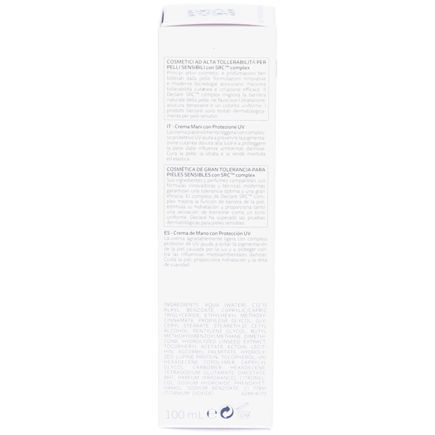 Rückseite der Produktverpackung. Text in mehreren Sprachen. Unten: 100ml, Herstellerinformationen.