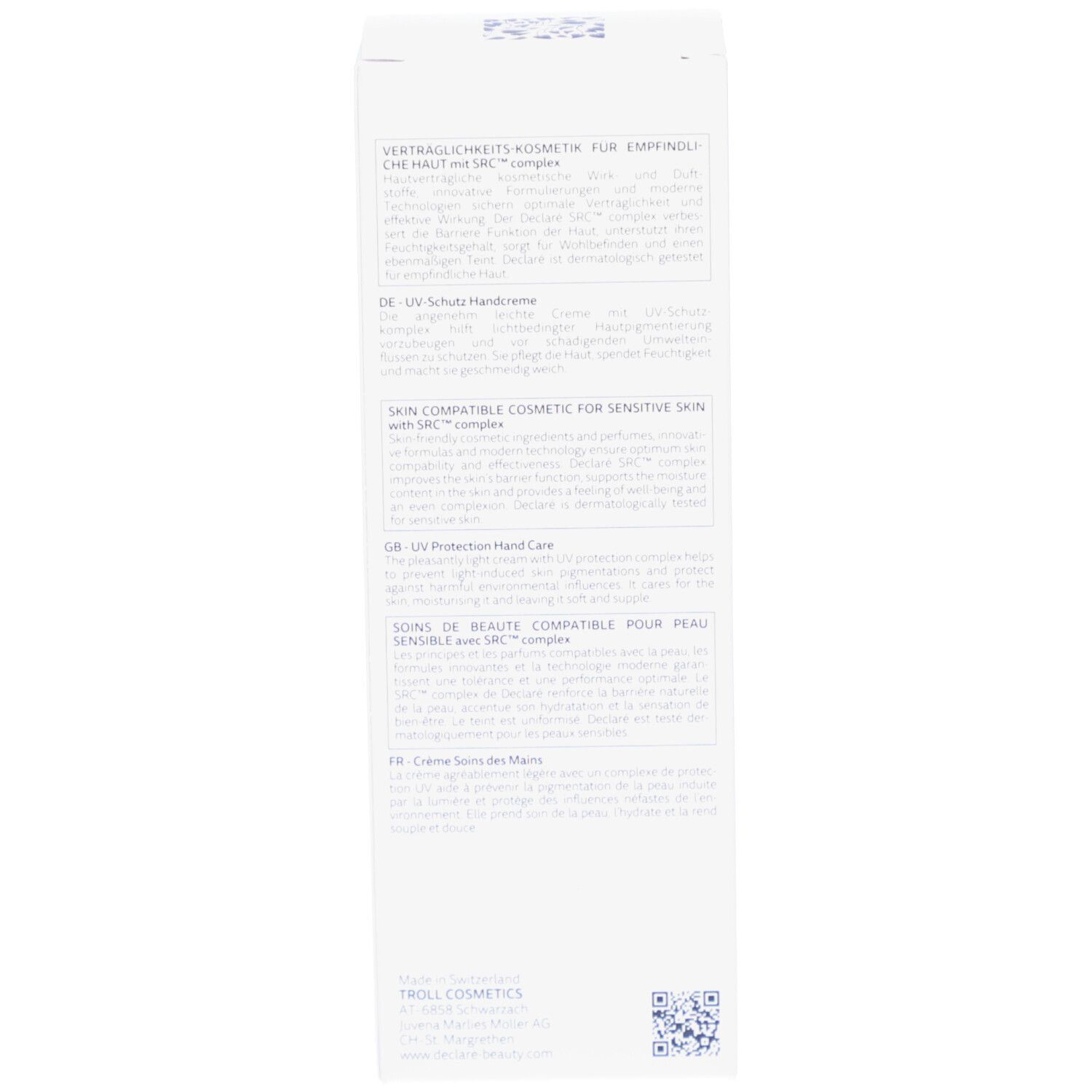 Seite der Produktverpackung. Text in mehreren Sprachen. Herstellerinformationen und QR-Code.