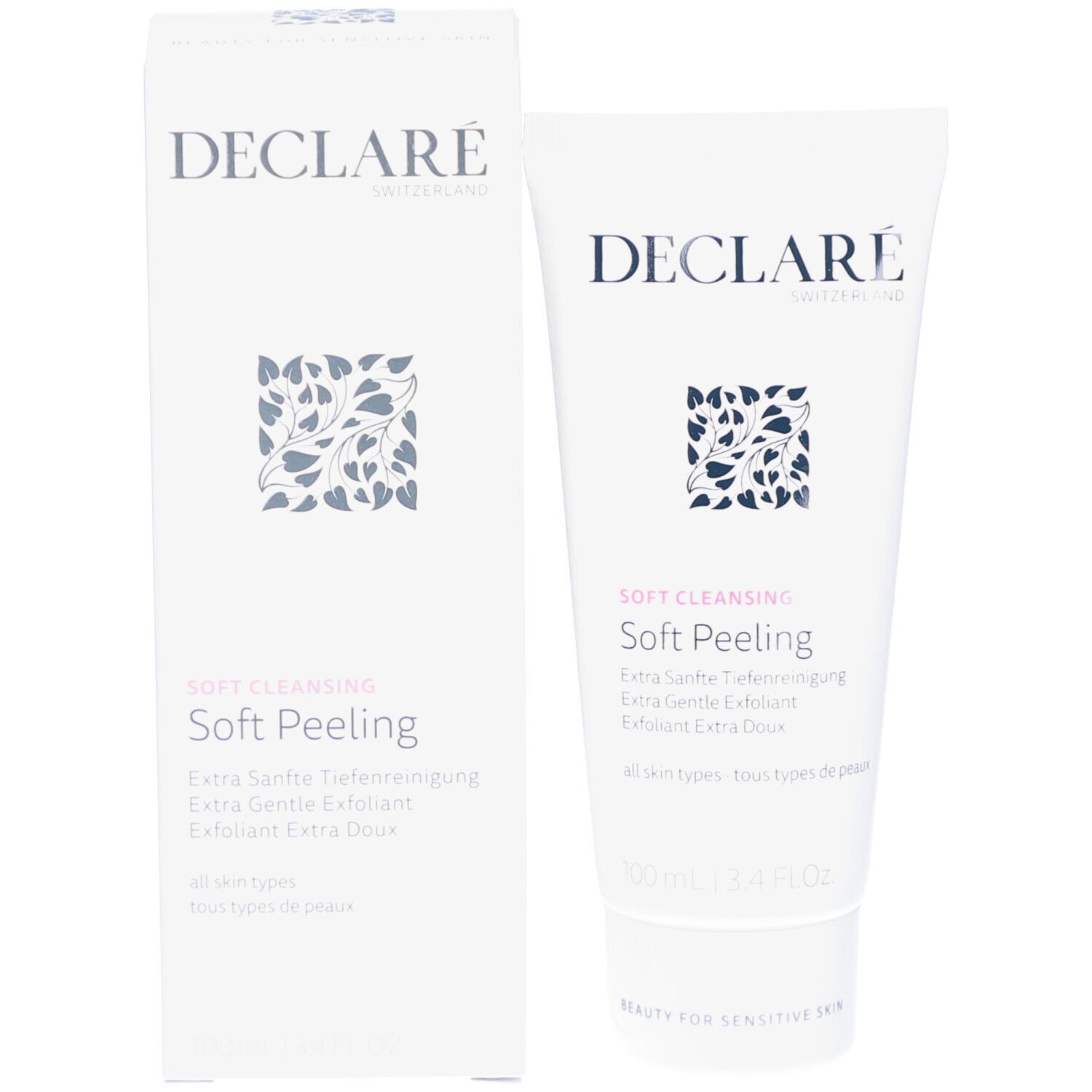 Weiße Tube und Schachtel mit DECLARÉ-Logo und Soft Peeling. 100ml. Für empfindliche Haut.