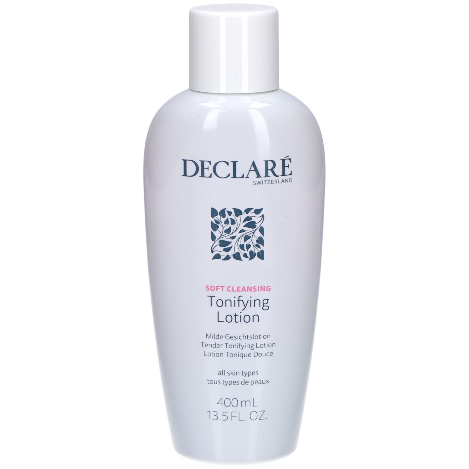 Weiße Flasche mit Deckel. Aufschrift: DECLARÉ SWITZERLAND, Logo, Soft Cleansing, Toning Lotion. Text in Deutsch, Französisch, Italienisch, Niederländisch. 400 ml.