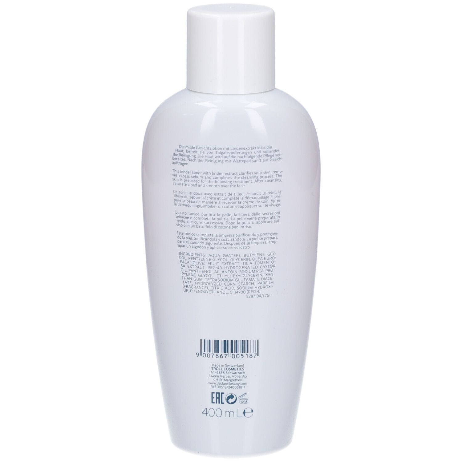 Rückseite einer weißen Flasche mit Deckel. Text in mehreren Sprachen. Barcode und Logo.