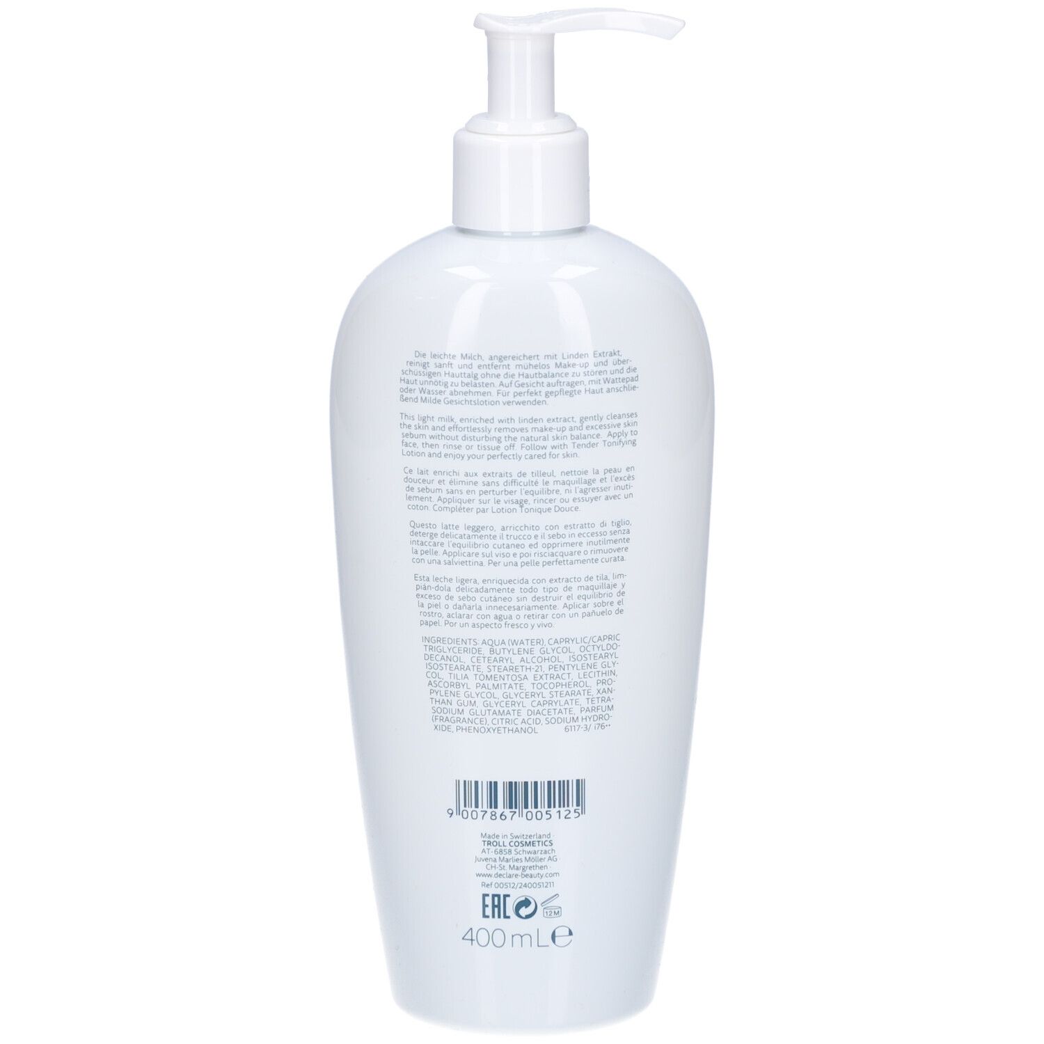 Rückseite der weißen Flasche. Text in mehreren Sprachen. Unten: 400 ml und Barcode.