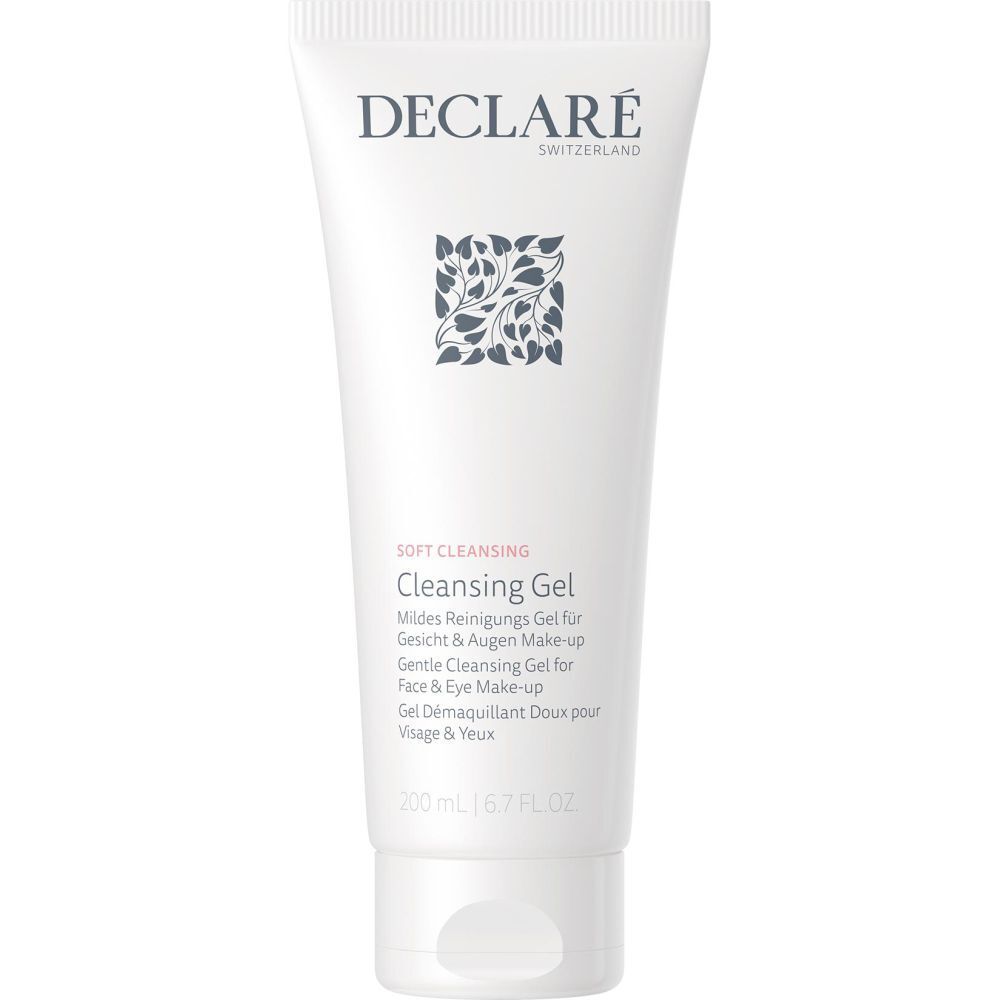 Weiße Tube mit DECLARÉ-Logo und floralem Muster. Text: Soft Cleansing, Cleansing Gel. 200 ml.