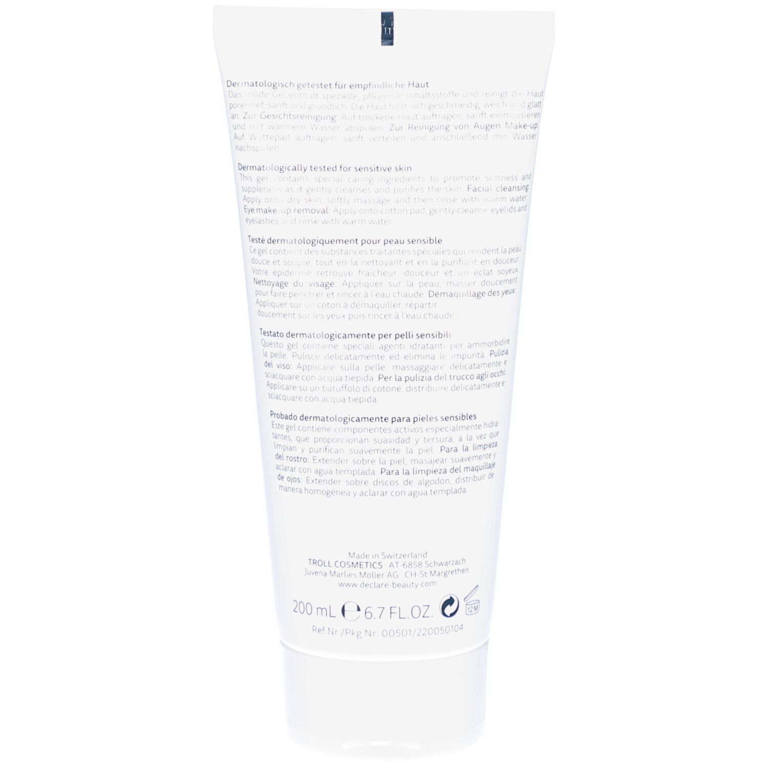Rückseite der weißen Tube DECLARÉ Cleansing Gel. Text in mehreren Sprachen.