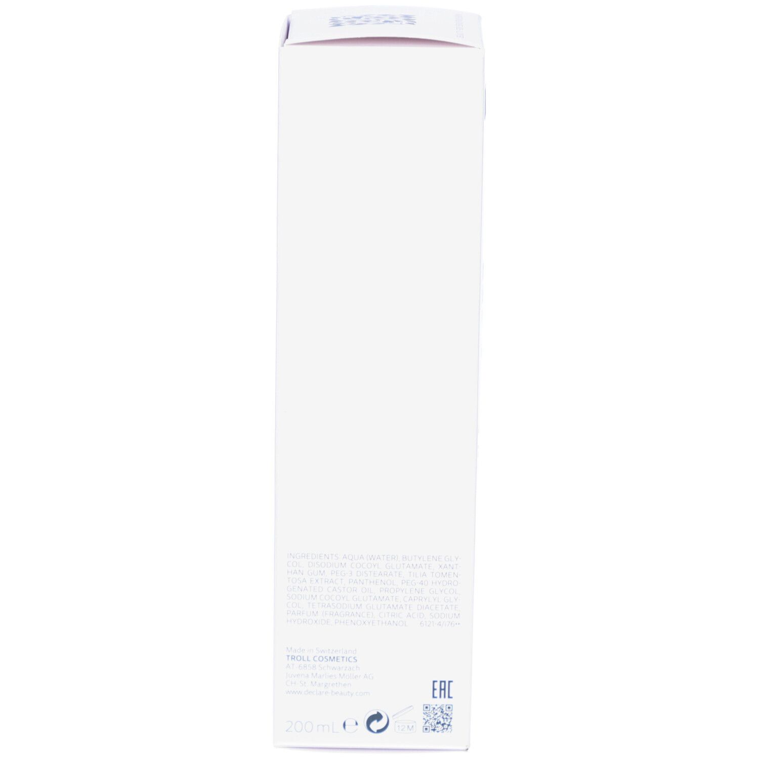 Seite der weißen Verpackung DECLARÉ Cleansing Gel. Text in mehreren Sprachen.