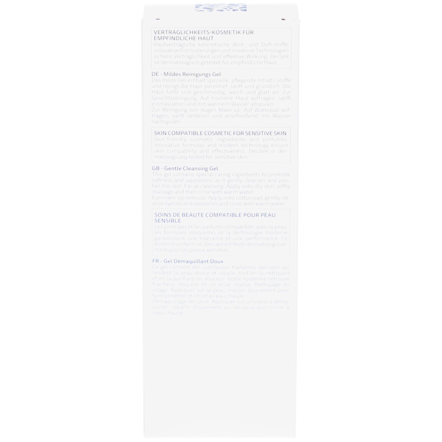 Seite der weißen Verpackung DECLARÉ Cleansing Gel. Text in mehreren Sprachen.