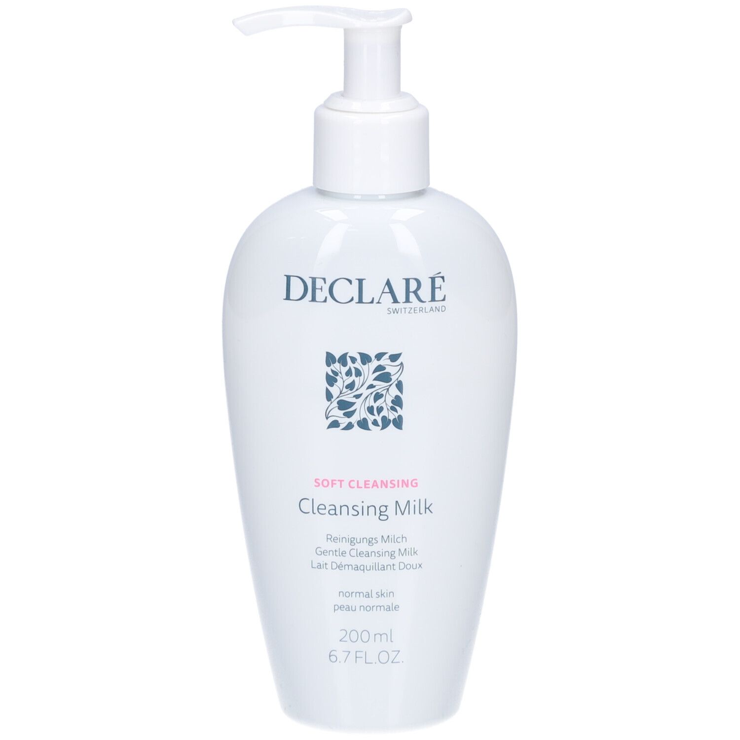 Weiße Flasche mit Pumpverschluss. Aufschrift: DECLARÉ, Soft Cleansing, Cleansing Milk. 200ml.