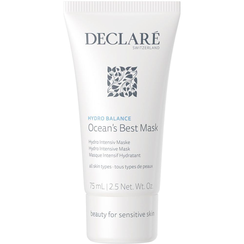 Weiße Tube mit blauem Deckel. Aufschrift: DECLARÉ, HYDRO BALANCE, Ocean's Best Mask. Text in Deutsch, Englisch, Französisch.