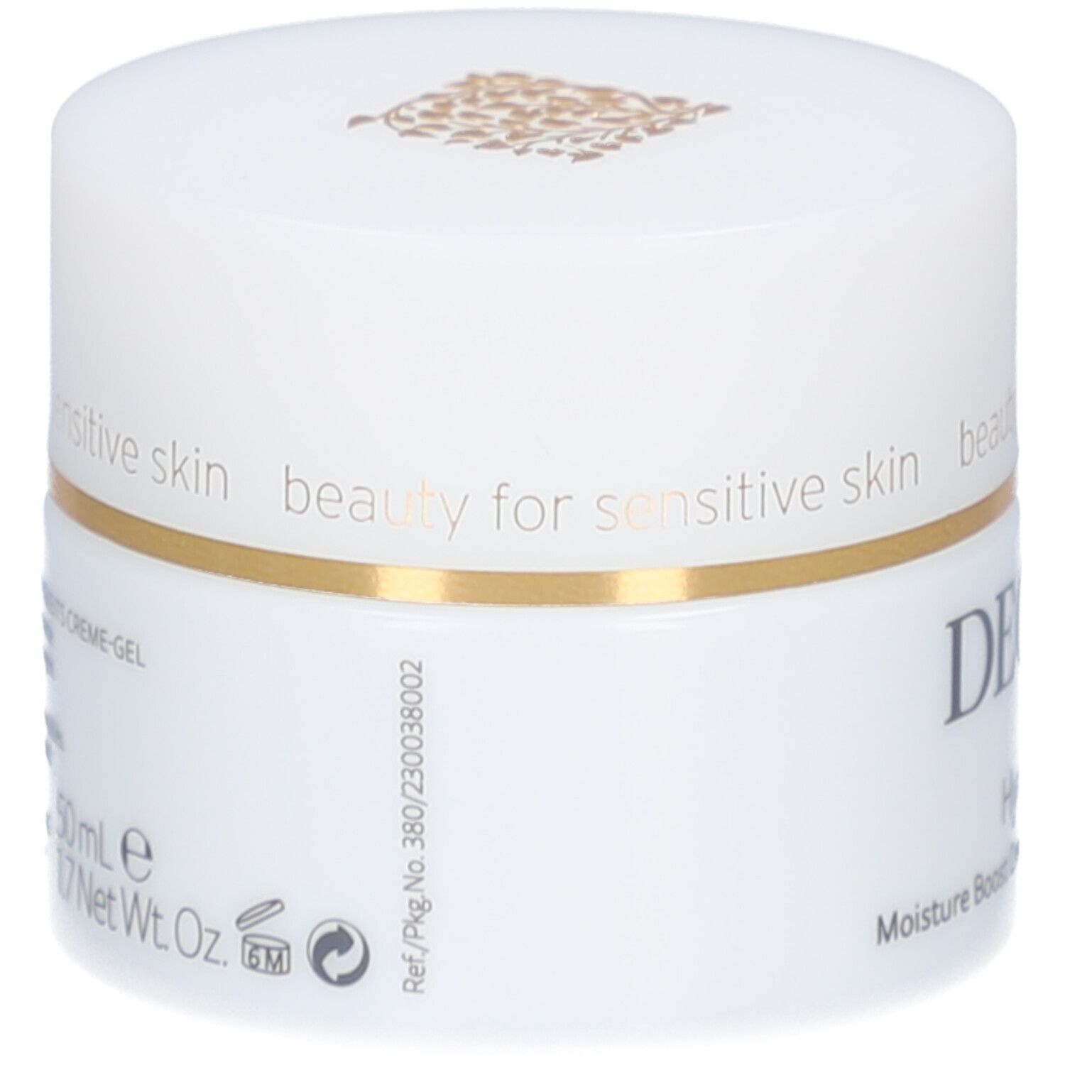 Weißes Creme-Gel-Gefäß mit goldfarbenem Rand. Aufschrift: DECLARÉ. Rückseite mit Text und Logos.