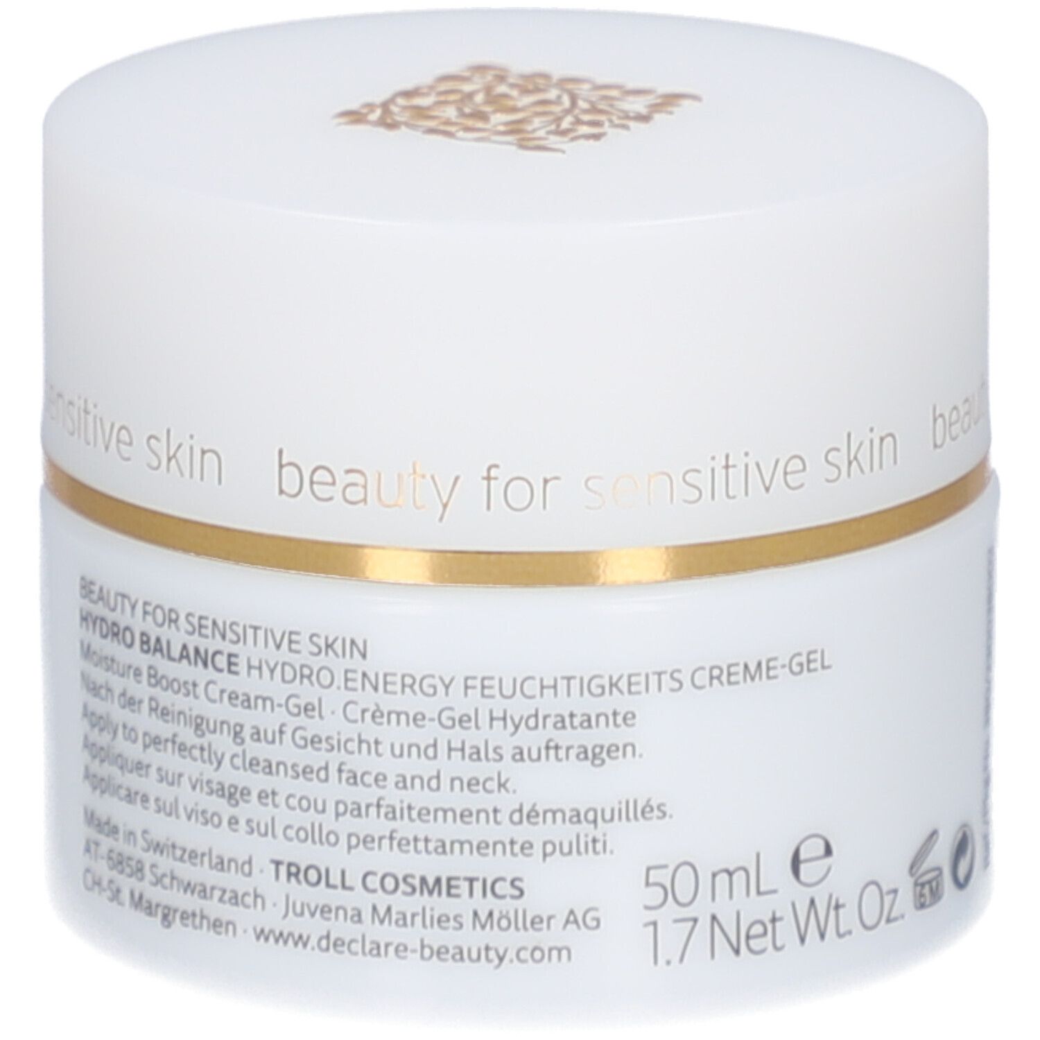 Weißes Creme-Gel-Gefäß mit goldfarbenem Rand. Aufschrift: DECLARÉ. Text auf dem Gefäß.