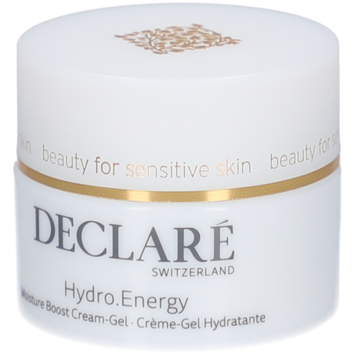 Weißes Creme-Gel-Gefäß mit goldfarbenem Rand. Aufschrift: DECLARÉ, Hydro.Energy, Moisture Boost Cream-Gel.