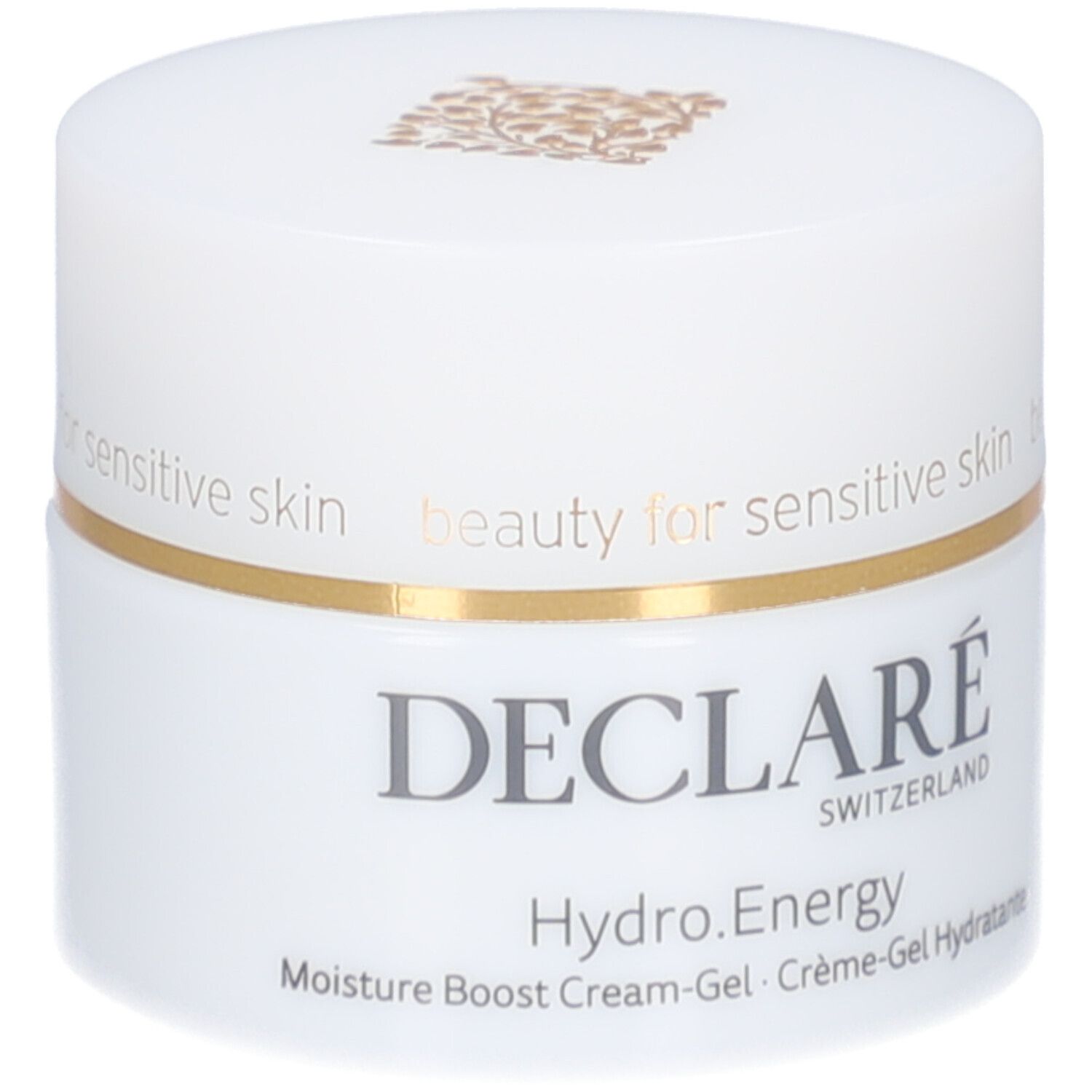 Weißes Creme-Gel-Gefäß mit goldfarbenem Rand. Aufschrift: DECLARÉ, Hydro.Energy, Moisture Boost Cream-Gel.