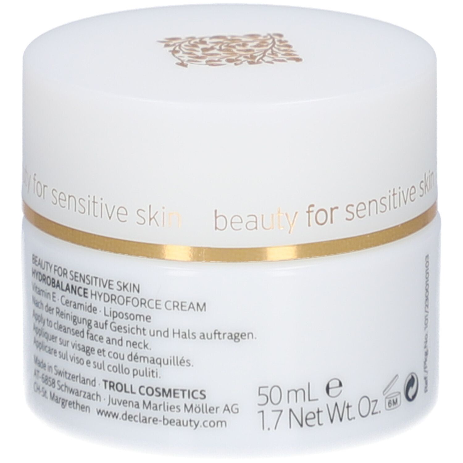 Weißer Creme-Tiegel mit Deckel. Goldener Ring. Aufschrift: DECLARÉ. Text: Hydrobalance Hydroforce Cream, 50 ml.