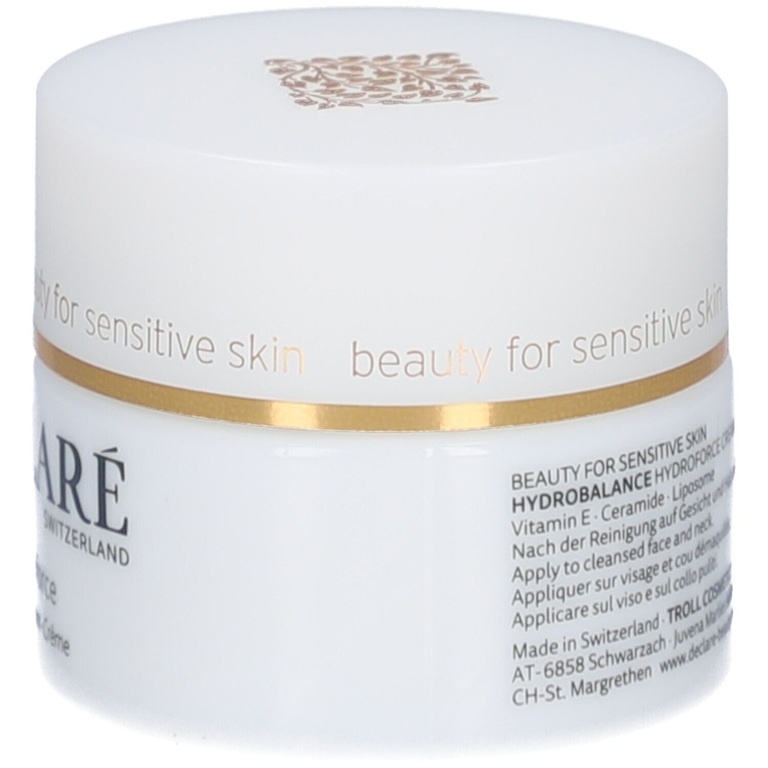 Weißer Creme-Tiegel mit Deckel. Goldener Ring. Aufschrift: DECLARÉ. Text: Hydrobalance Hydroforce Cream.