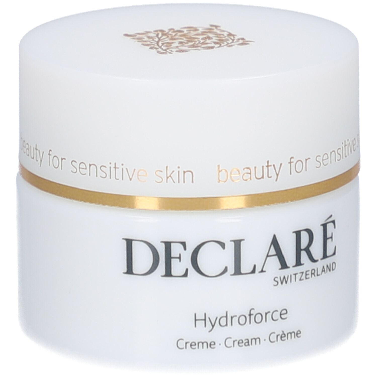 Weißer Creme-Tiegel mit Deckel. Goldener Ring. Aufschrift: DECLARÉ, Hydroforce Creme. Für empfindliche Haut.