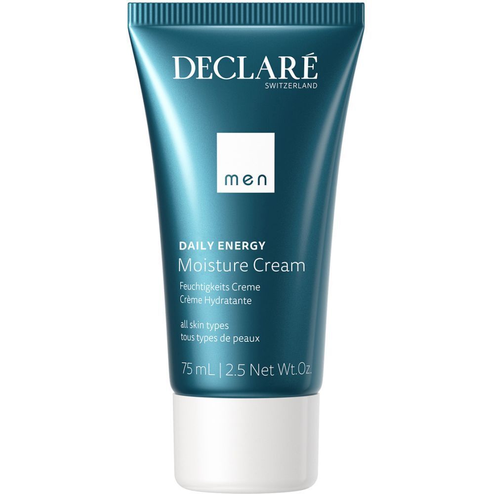 Blau-türkisfarbene Tube mit weißem Deckel. Aufschrift: DECLARÉ, men, Daily Energy Moisture Cream. 75 ml.