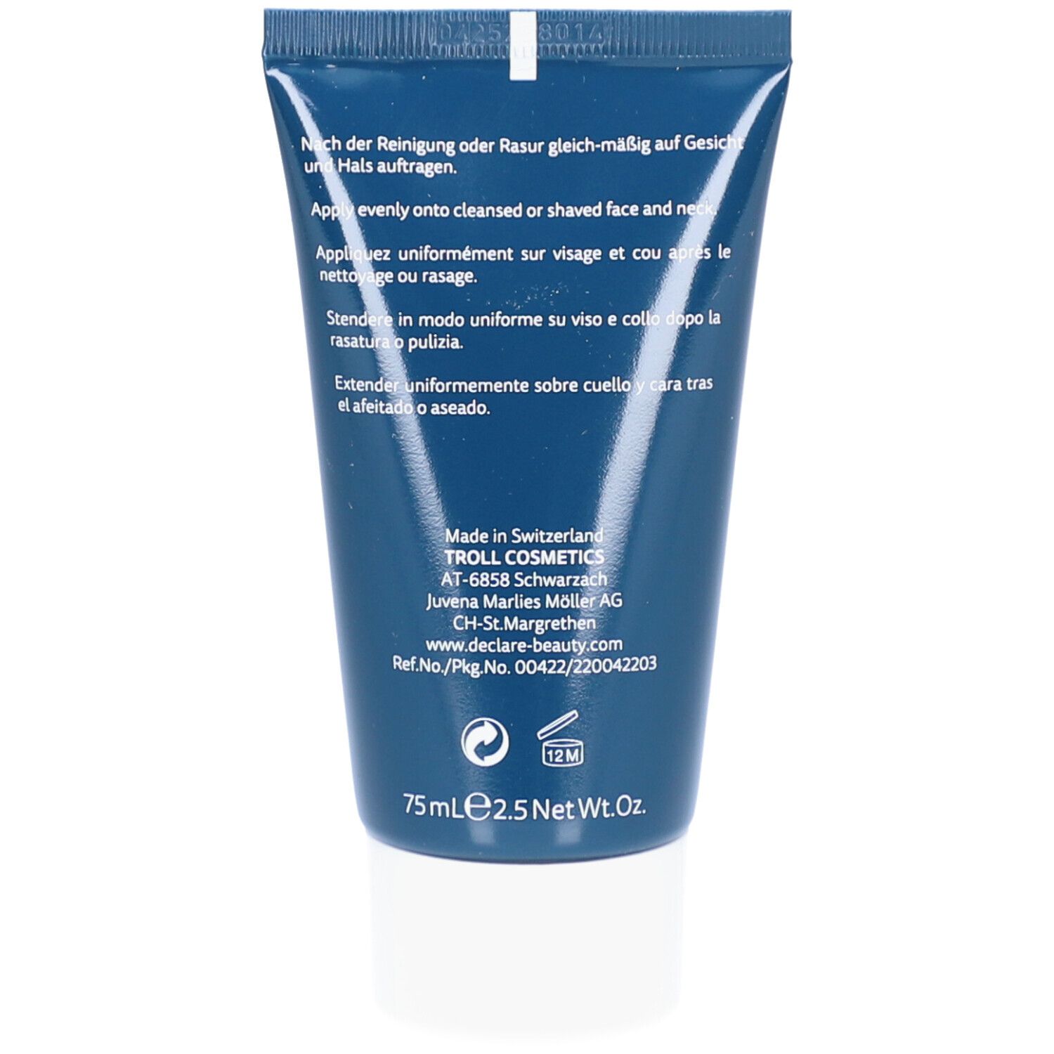 Rückseite der blauen Tube. Text: Anwendungshinweise, Inhaltsstoffe, Herstellerinformationen, 75ml.