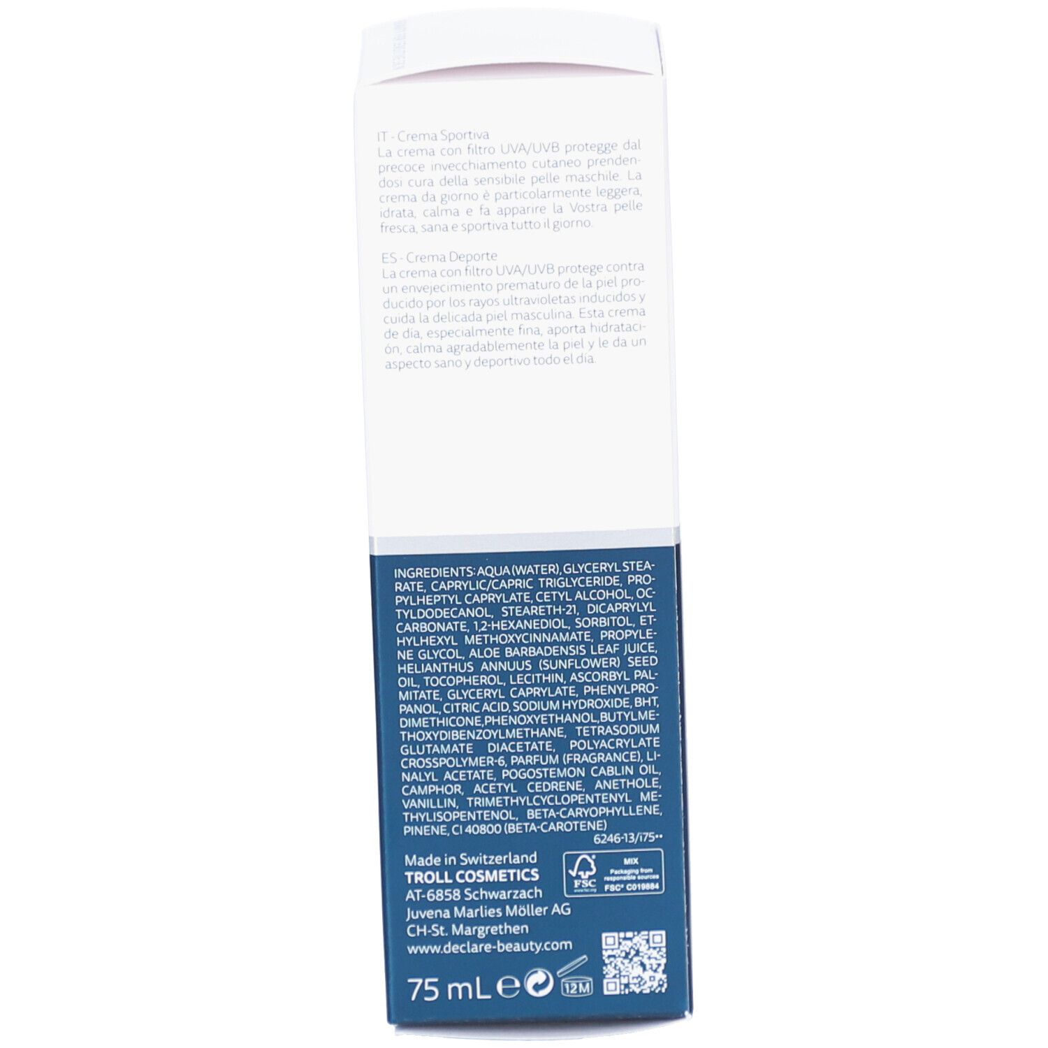 Rückseite der Schachtel. Text: Inhaltsstoffe, Herstellerinformationen, 75ml.