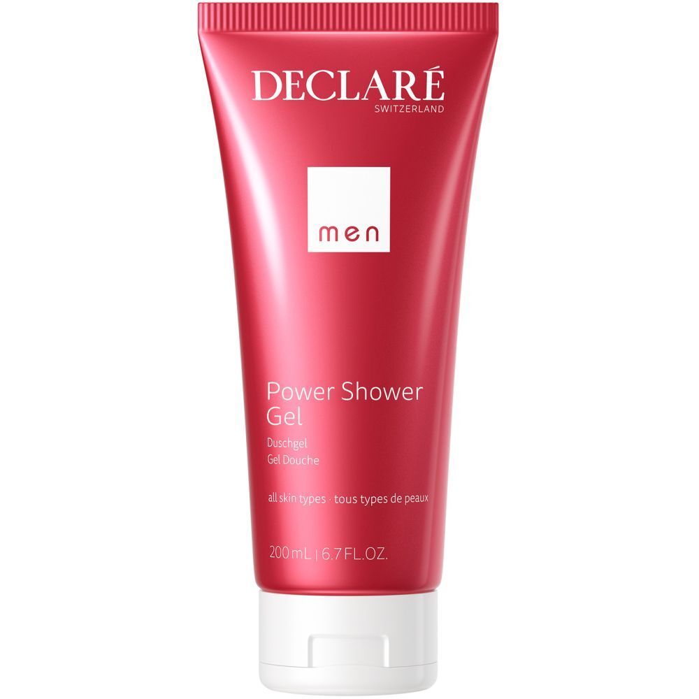 Rote Tube mit weißem Deckel. Aufschrift: DECLARÉ, Power Shower Gel, men. 200ml.