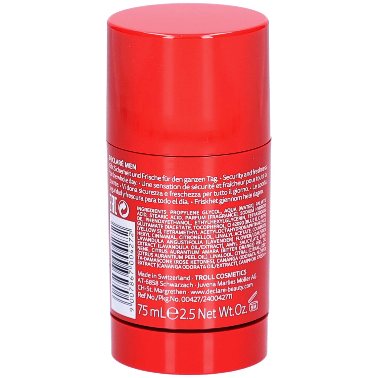 Roter Deostift. Rückseite mit Inhaltsstoffen, Herstellerinformationen und Volumenangabe: 75ml.