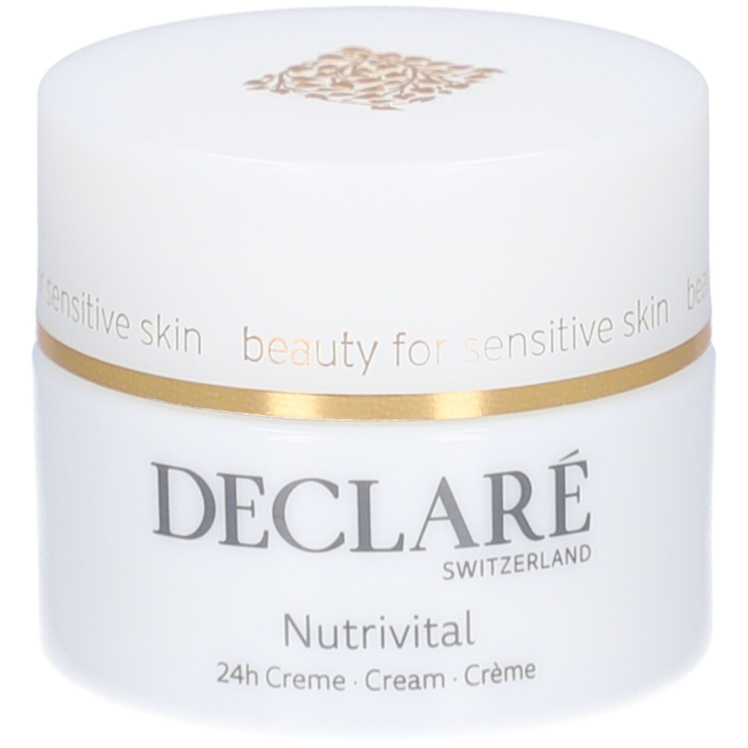 Weißer Creme-Tiegel mit goldfarbenem Deckel. DECLARÉ Nutrivital. Text: beauty for sensitive skin.