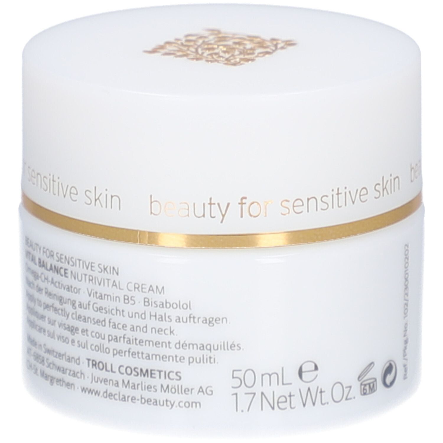 Weißer Creme-Tiegel mit goldfarbenem Deckel. DECLARÉ Nutrivital. Text: beauty for sensitive skin.