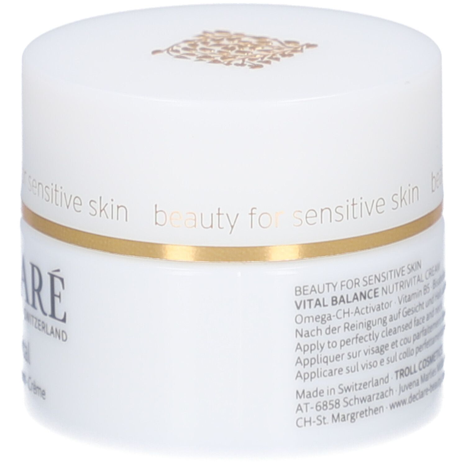 Weißer Creme-Tiegel mit goldfarbenem Deckel. DECLARÉ Nutrivital. Text: beauty for sensitive skin.