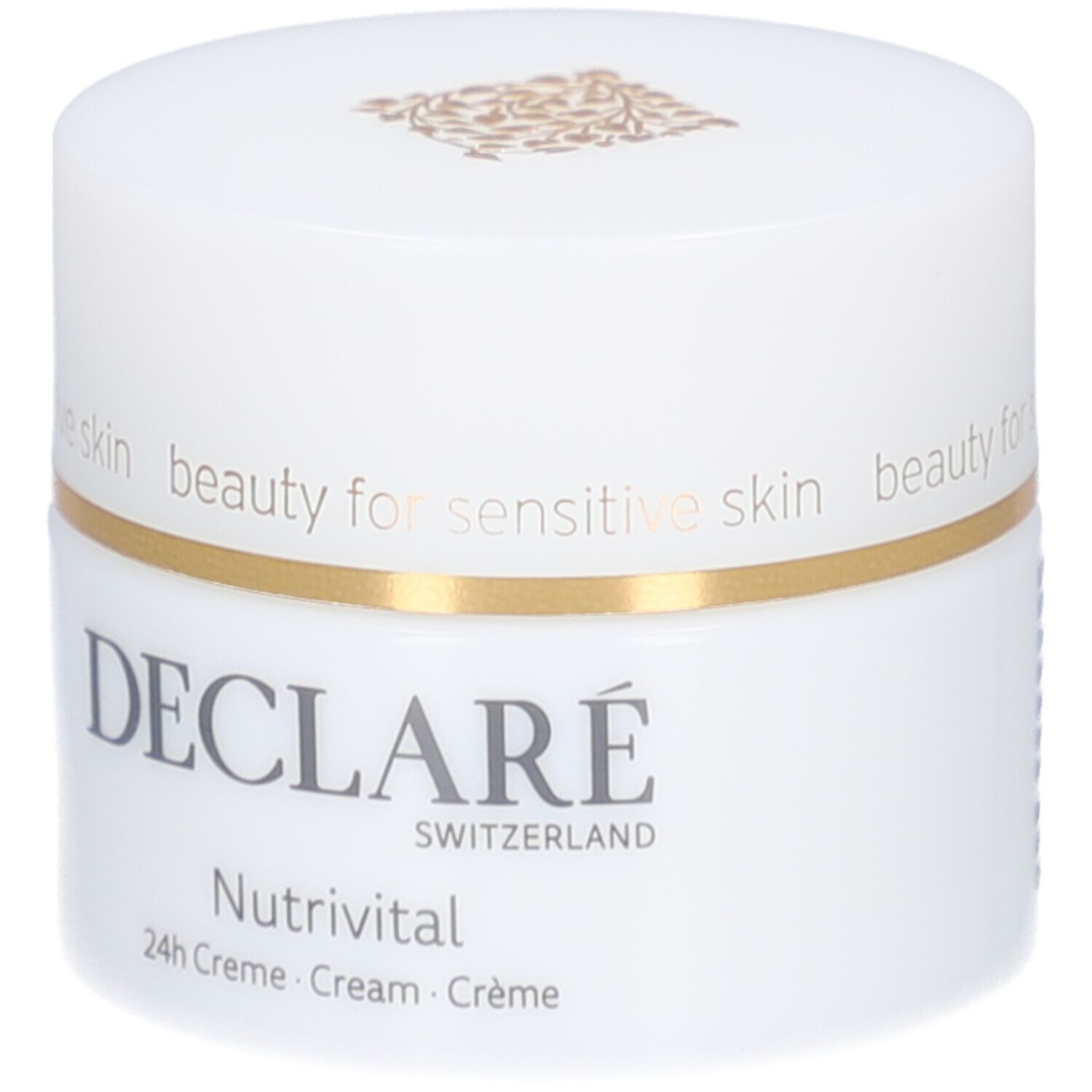 Weißer Creme-Tiegel mit goldfarbenem Deckel. DECLARÉ Nutrivital. Text: beauty for sensitive skin.