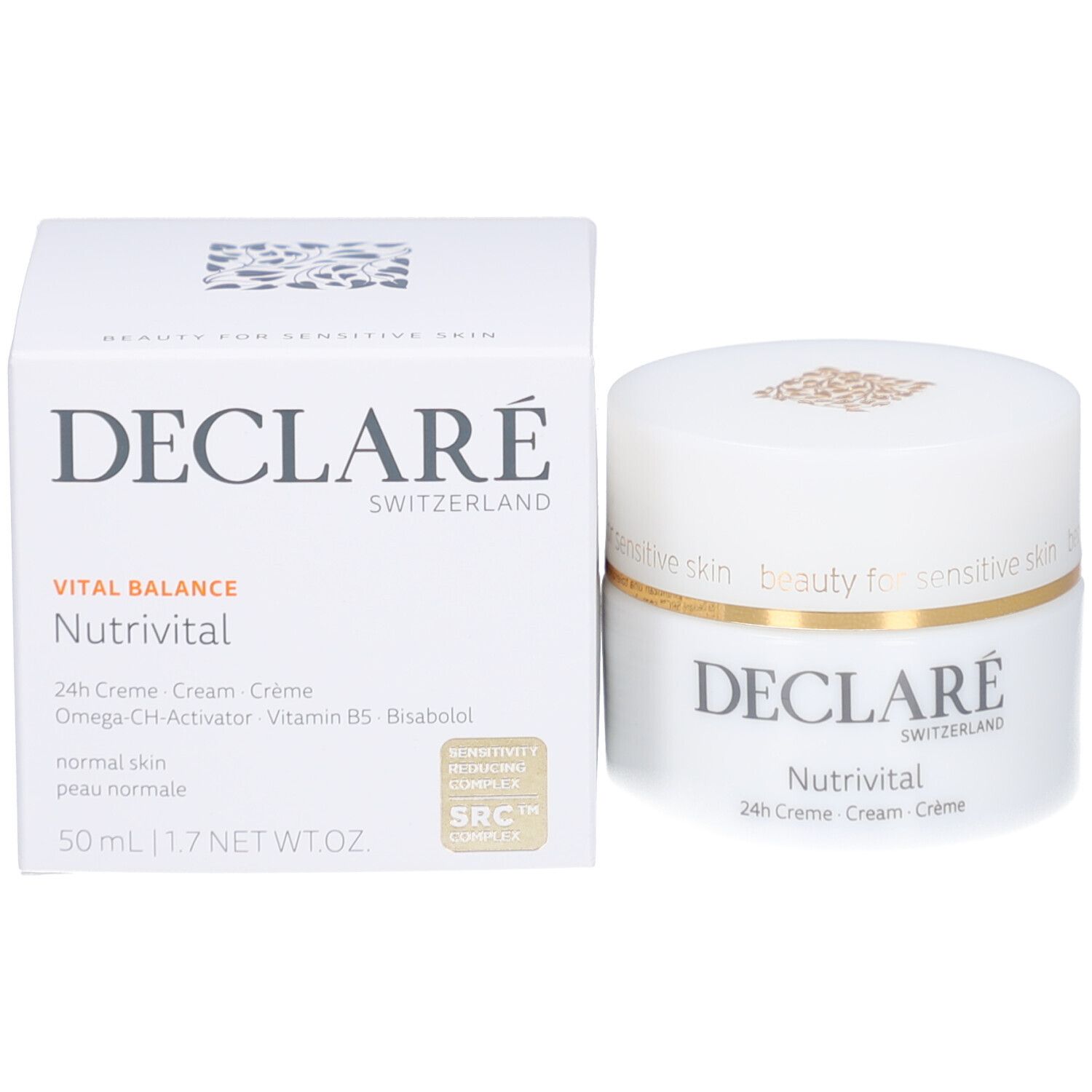 Creme-Tiegel und Schachtel. DECLARÉ Vital Balance Nutrivital. Text: 50 ml, SRC-Siegel.