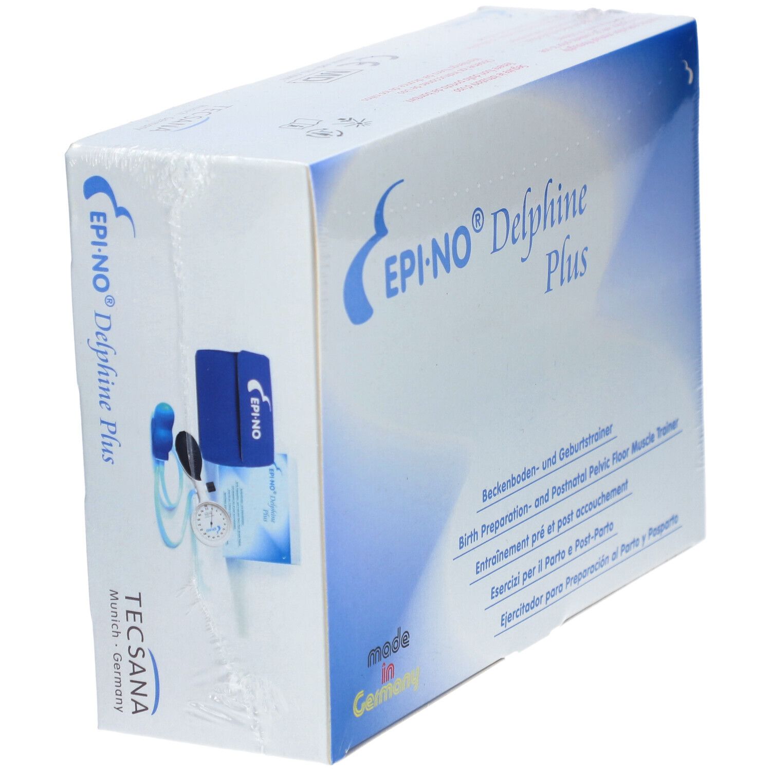 Verpakking van EPI-NO® Delphine Plus met productafbeelding. Tekst: Bekkenbodem- en Geboortetrainer, Birth Preparation- and Postnatal Pelvic Floor Muscle Trainer.