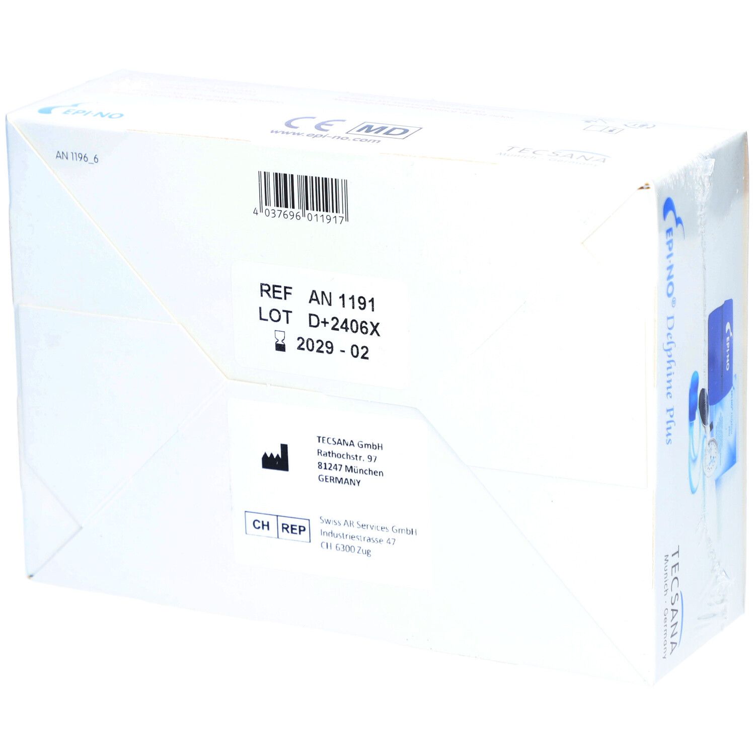 Achterkant van de verpakking van EPI-NO® Delphine Plus. Tekst: REF AN 1191, LOT D+2406X, 2029-02. CE-markering.