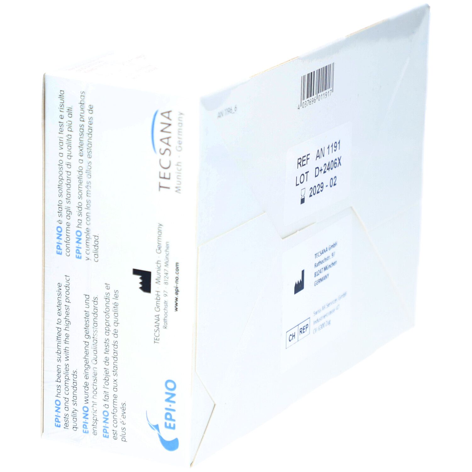 Achterkant van de verpakking van EPI-NO® Delphine Plus. Tekst: REF AN 1191, LOT D+2406X, 2029-02. CE-markering.